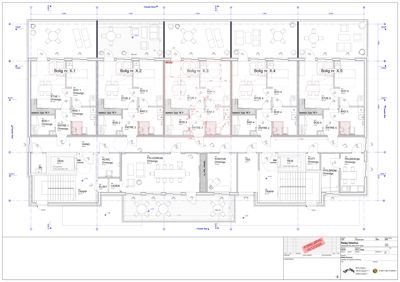 Etasjeplan som viser romfordeling og funksjon for flere boliger (X.1 til X.5) samt fellesrom i et flerboligbygg.