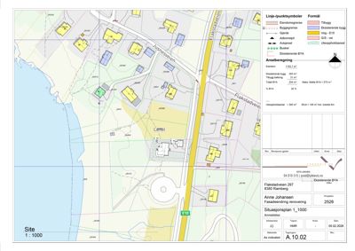 Situasjonsplan som viser eiendomsforhold, eksisterende og tilbygg, samt arealregning for en fasadeendring.