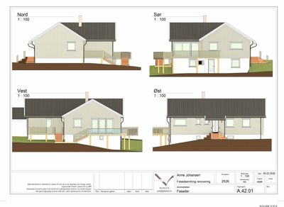 Fasadetegning som viser bygningens utsyn fra alle fire sider (Nord, Sør, Vest, Øst) med skala 1:100.