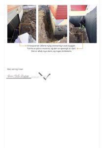 Tre foton som viser entreprenør som utfører drenering rundt et bygg i en morene med fjell og stein.