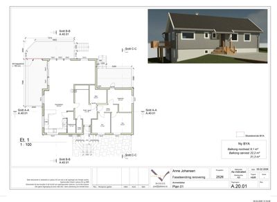 Etasjeplan (Et. 1) med romfordeling, dimensjoner og snittreferanser.