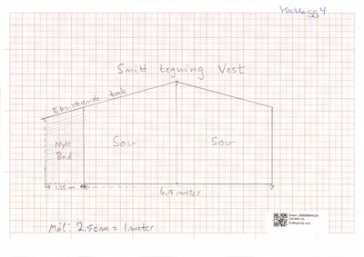 Håndtegnet oppriss av bygningens vestfasade med romfordeling (Sov, Nytt Bad) og mål.