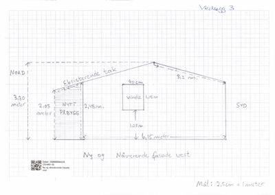 Håndtegnet oppriss av en fasade med mål og orientering (NORD/SYD).