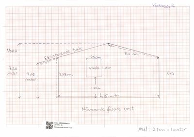 Håndtegnet oppriss av en fasade sett fra vest, med mål og orientering (Nord/Syd).