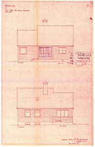 Fasadetegning av en snøbollysning med to utsnitt (for- og bakside) og håndskrevne notater.