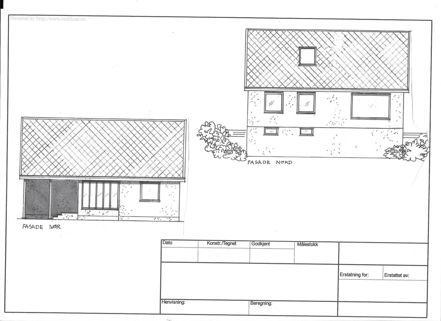 Fasadetegning som viser bygningens utsyn mot nord og sør.