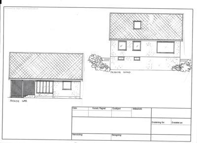 Fasadetegning som viser bygningens utsyn mot nord og sør.