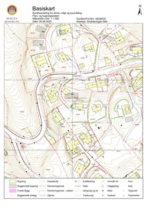 Situasjonsplan (Basiskart) som viser eiendomsgrenser, bygninger, høydekoter og infrastruktur for Smøråsvegen 69A i Bergen.