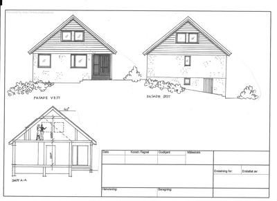 Tegning som viser fasadeoppsett for en bygning (vest og øst) samt et snitt (A-A) med mål.