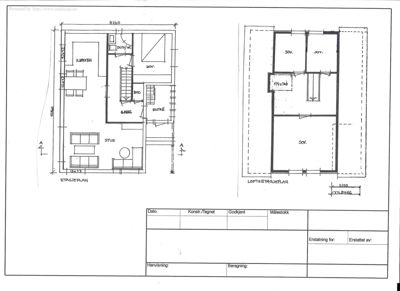 Etasjeplan og loftsetasjeplan for en bolig, med rombetegnelser og dimensjoner.