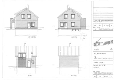 Fasadetegning som viser fire sider av en bygning sett fra utsiden.