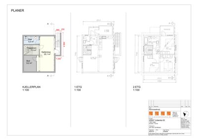Etasjeplaner (kjeller, 1. etasje og 2. etasje) med romfordeling, mål og trappoppdrift.