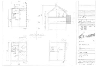 Bildet viser en tegning med hovedplan (2. etasje og kjeller) samt snitt A-A av en boligprosjekt.