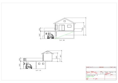 Snittegning (Snitt AA og Snitt BB) som viser tverrsnittet av huset med mål på høyder og takhøyde.