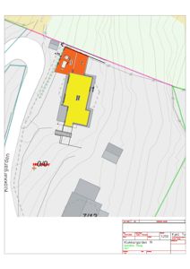 Situasjonsplan som viser tomtens form, konturer, naboeiendom, eksisterende bygninger og planlagt bygning.