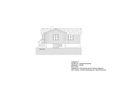 Fasadetegning (opprikk) av en eksisterende bolig sett fra siden, med detaljer om trapp, vinduer og tak.