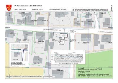 Situasjonsplan som viser tomtens plassering (GID 134/238) i forhold til nabolag, eksisterende VA-ledninger og planlagt ny ledningstrøye.