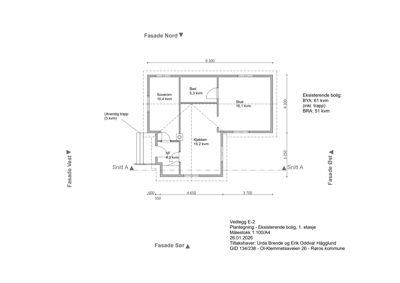 Plantegning av 1. etasje i eksisterende bolig, med romareal, fasader og snittmerker.