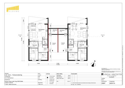Etasjeplan (plan) som viser romfordeling, mål og areal for en boligprosjekt.