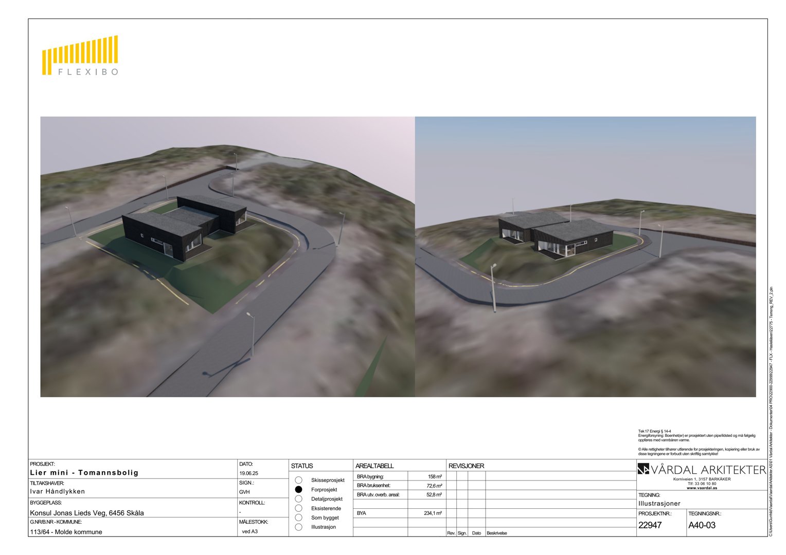 3D-visualisering av en bolig i et landskap med to perspektiver.