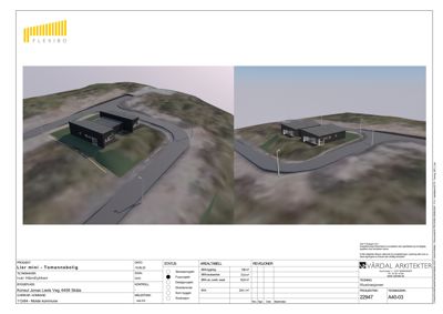 3D-visualisering av en bolig i et landskap med to perspektiver.