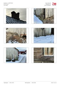 En samling av seks fotografier som viser detaljer av en bygning, inkludert tak, fundament og vegger.