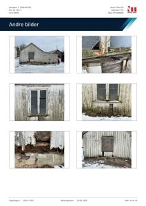 Et dokument med seks fotografier av en gammel, hvitmalt trebygning som viser skader på fasaden, vinduer og fundament.