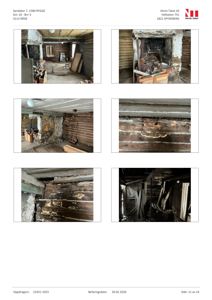 En samling av 6 fotografier som viser interiøret av en gammel, trolig vedlikeholdssvak bygning. Bildene viser detaljer som en steinovn, råtreverk, mugg og generelt forfall.