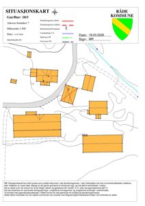 Situasjonskart som viser eiendomsgranser, naboeiendommer og bygningsplassering for Sandaker 7.