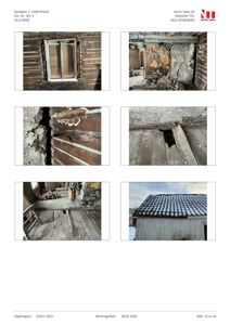 En samling fotografier som viser detaljer av en bygning, inkludert vindu, skader på vegger og gulv, samt tak.