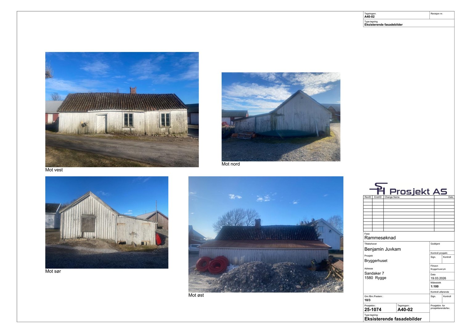 Fotografier av en eksisterende bygning (Brygghuset) fra fire ulike vinkler (vest, nord, sør, øst) som viser fasaden og omgivelsene.