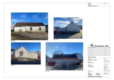 Fotografier av en eksisterende bygning (Brygghuset) fra fire ulike vinkler (vest, nord, sør, øst) som viser fasaden og omgivelsene.