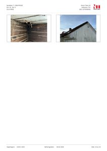 Fotografier av en bygning (tak og vegg) og et innendørs hjørne, sannsynligvis fra en befaring.