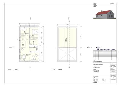 Etasjeplaner (1. og 2. etasje) med romfordeling, dimensjoner og snittlinjer.