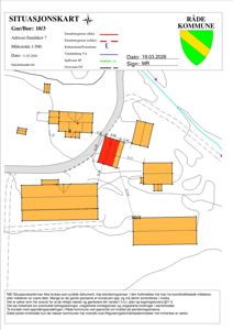 Situasjonskart som viser eiendomsgranser, nabobebyggelse og tomtens plassering i forhold til veier og natur. Kartet er utarbeidet av Råde kommune.