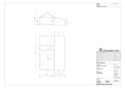 Tegning som viser et tverrsnitt (snitt) gjennom en eksisterende bygning, med mål og romoppdeling.
