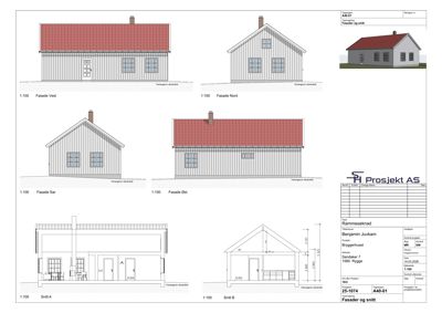 En tegning som viser fasader og snitt for en bygning.