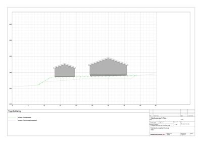 Fasadetegning som viser oppriss av to bygninger sett fra siden, med terrengprofil og tegnforklaring.