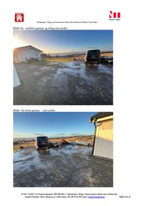 Fotografier av en tomt med en bilparkert på en grusflate, med en bolig og en garasje i nærheten.