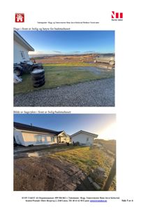 Fotografier av en hage og en bolig/badstuehus sett fra utsiden.