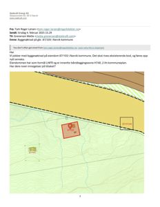 Situasjonsplan som viser eiendommen 87/103 (rødt) i forhold til naboeiendom 87/101 og en båndleggingssone (H740_2).