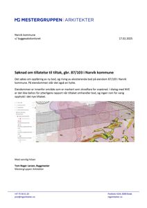Et kart som viser et snøskredområde (rødt) og en bygning (rød sirkel) i Narvik kommune.