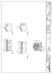 Fasadetegning som viser utsiden av en hytte fra fire ulike vinkler (Fasade 1-4) samt et snitt (Snitt A) for å illustrere takform og konstruksjon.