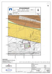 Situasjonskart som viser tomtens beliggenhet, høydemålerlinjer og nabolag.
