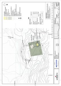 Situasjonsplan som viser tomtens form, høydekurver, nabolagsgrenser og plassering av bygningene.