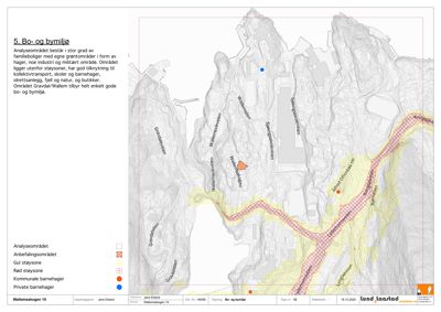 Situasjonsplan som viser analyseområdet for et bo- og bymiljø, inkludert vegnett, topografi og støysoner.