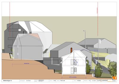 Snittegning (profil) som viser tverrsnittet av en ny enebolig i forhold til eksisterende bygninger og terreng.
