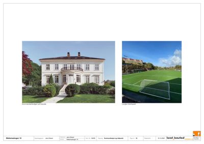 To foton som viser en eksisterende bygning (Kommandantboligen) og et idrettsanlegg (Lynghøe Idrettspark) i nærheten av byggefeltet.