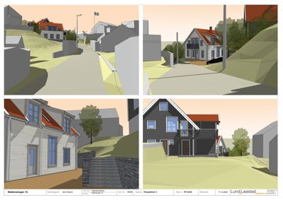 En samling av fire 3D-visualiseringer (renderinger) som viser ulike vinkler på en planlagt bolig i Wallemkogen 15, inkludert fasade, gatelys og omgivelser.