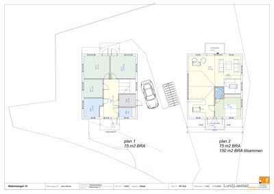 Plantegning som viser to alternativer (plan 1 og plan 2) for romfordeling og areal i en bolig.